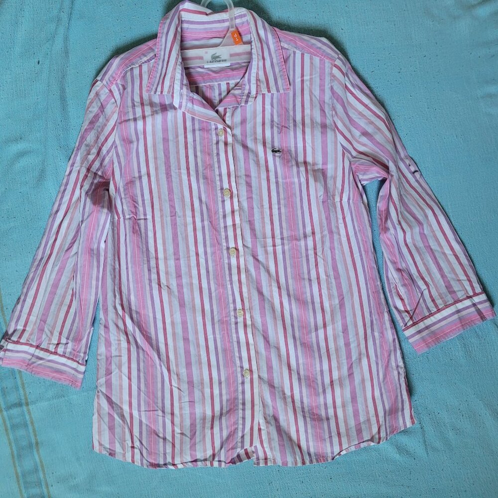 Vintage Lacoste T-Shirt, Long Sleeve, Pink Striped, 100% Cotton